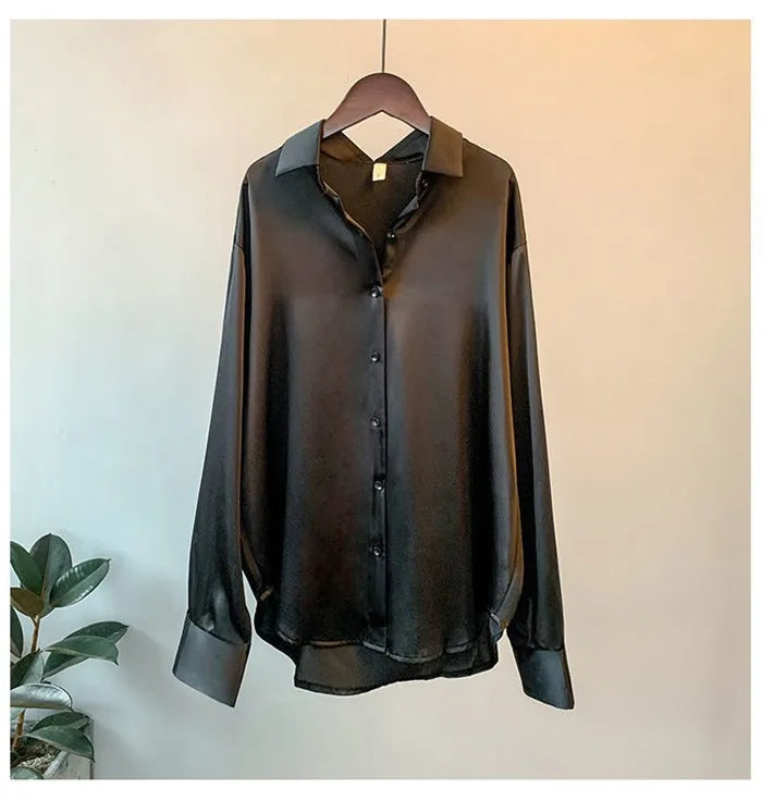 BLACK SATIN LOOSE COLLAR BLOUSE