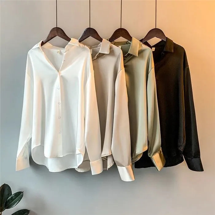 GRAY SATIN LOOSE COLLAR BLOUSE