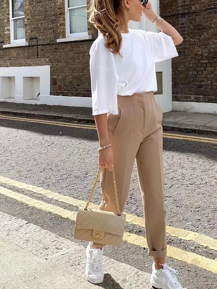 ELEGANT HIGH-WAIST APRICOT PENCIL PANTS