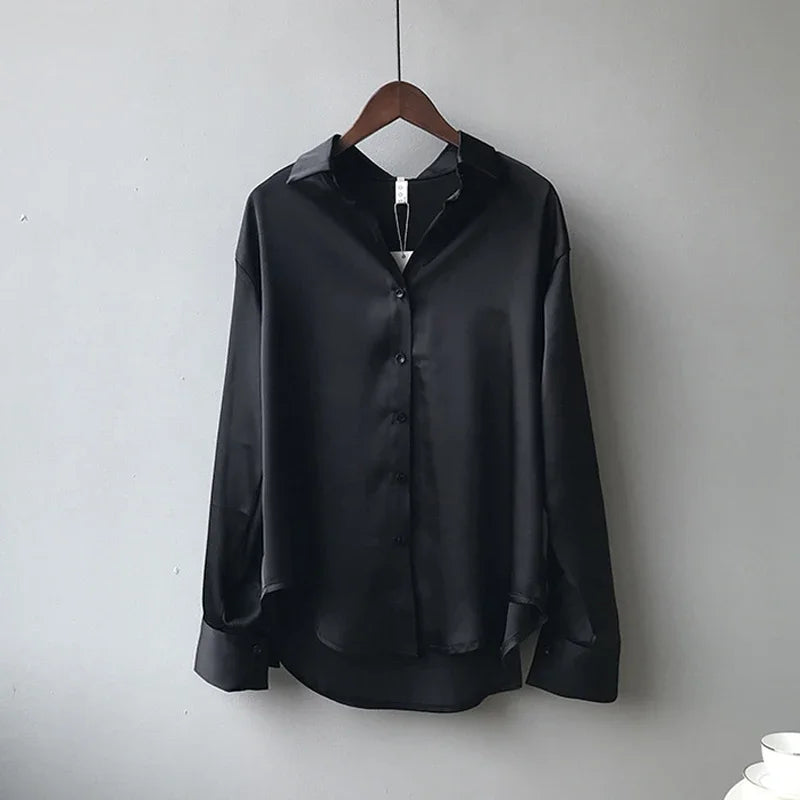 BLACK SATIN LOOSE COLLAR BLOUSE