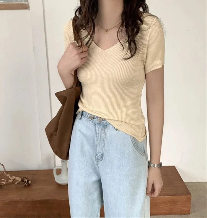 BEIGE CASUAL SLIM KNIT V-NECK SHIRT