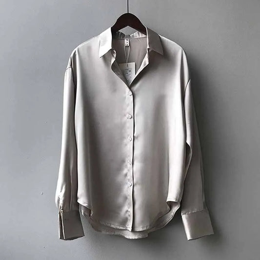 GRAY SATIN LOOSE COLLAR BLOUSE
