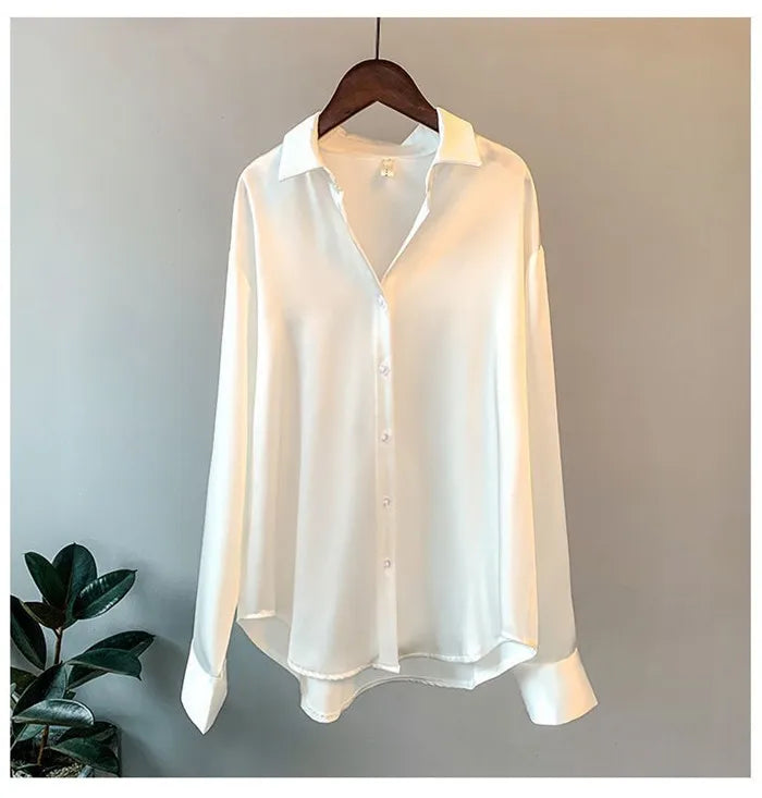 WHITE SATIN LOOSE COLLAR BLOUSE