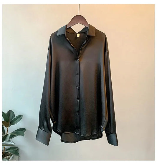 BLACK SATIN LOOSE COLLAR BLOUSE
