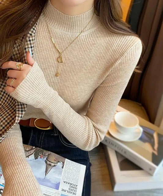 KHAKI COTTON BLEND CLASSIC MOCK NECK PULLOVER