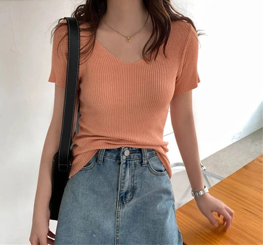 PINK CASUAL SLIM KNIT V-NECK SHIRT