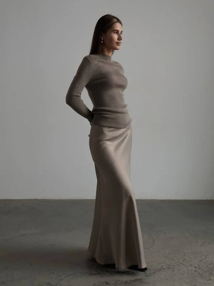CLASSIC KHAKI SATIN SKIRT