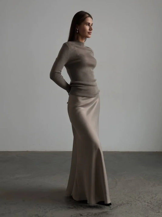 CLASSIC KHAKI SATIN SKIRT
