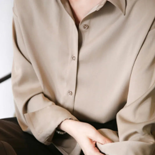 BEIGE SATIN LOOSE COLLAR BLOUSE