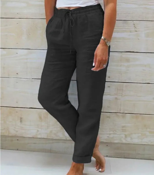 MODERN OLD MONEY BLACK COTTON LINEN TROUSERS