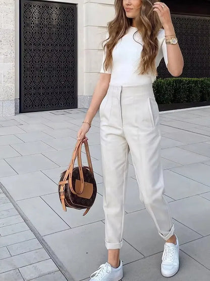 ELEGANT HIGH-WAIST RED PENCIL PANTS