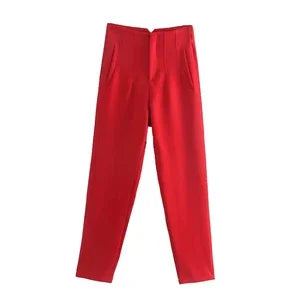 ELEGANT HIGH-WAIST RED PENCIL PANTS