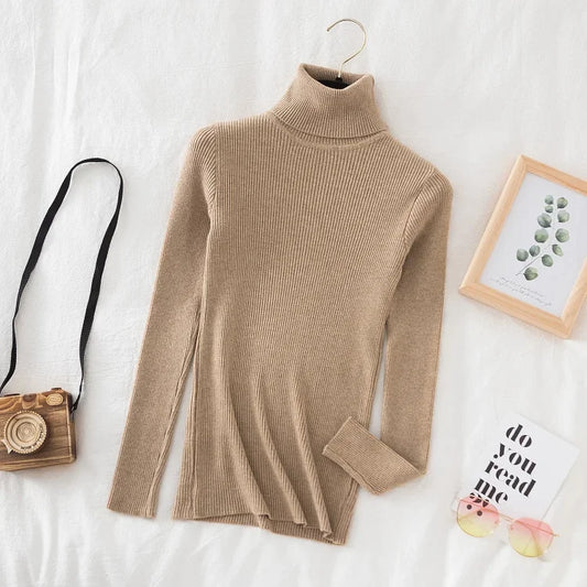SLIM KNIT KHAKI TURTLENECK SWEATER