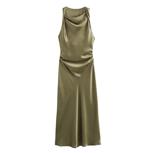 ELEGANT KHAKI SATIN DRESS