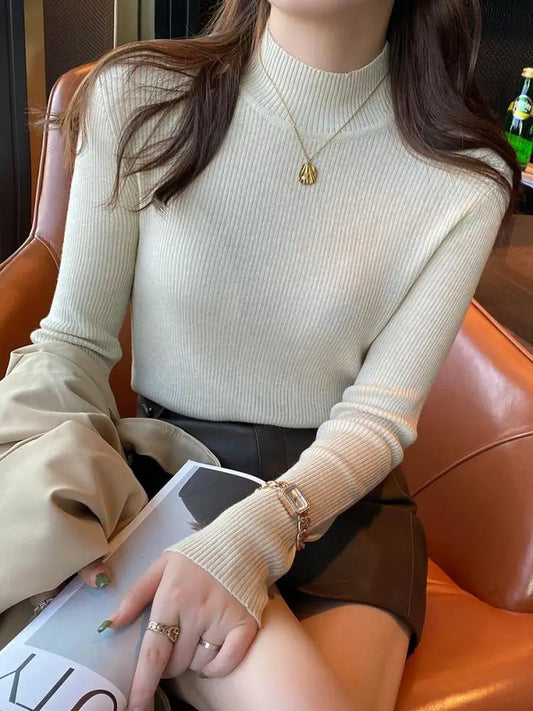 BEIGE COTTON BLEND CLASSIC MOCK NECK PULLOVER