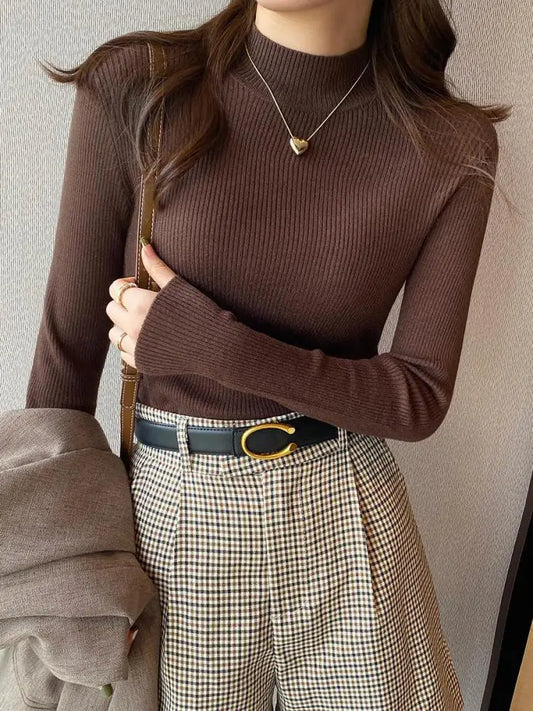BROWN COTTON BLEND CLASSIC MOCK NECK PULLOVER