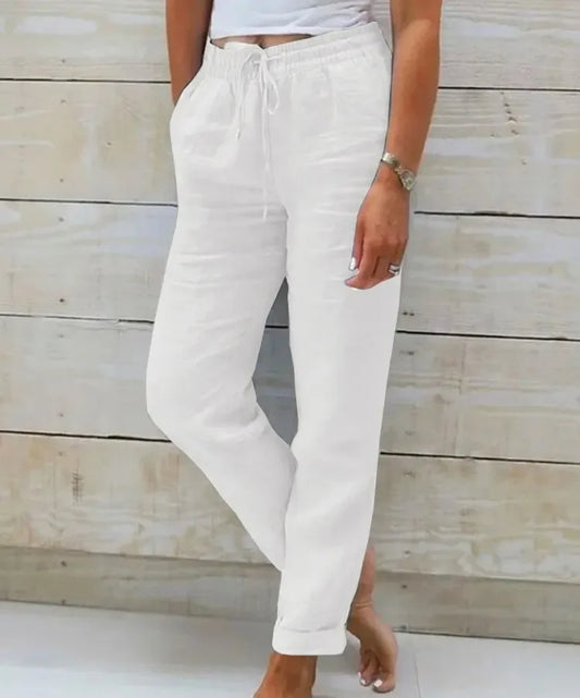 MODERN OLD MONEY WHITE COTTON LINEN TROUSERS