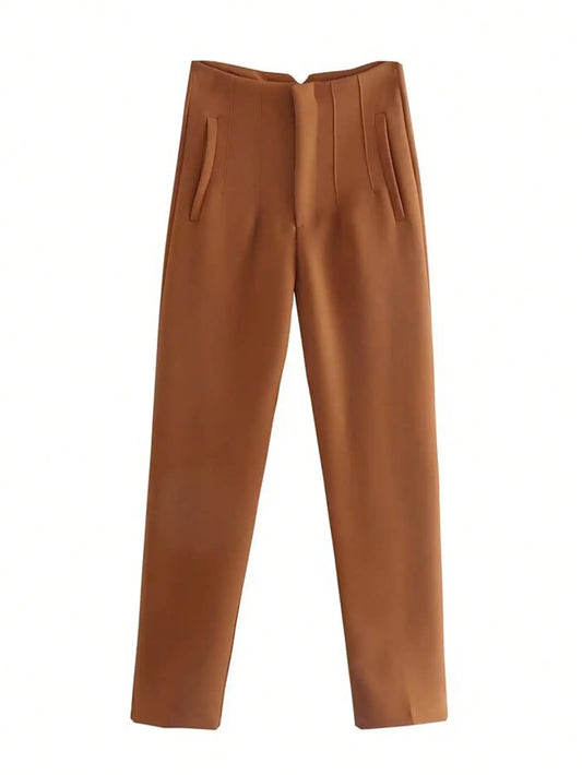 ELEGANT HIGH-WAIST DARK BROWN PENCIL PANTS