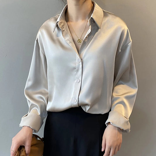 APRICOT SATIN LOOSE COLLAR BLOUSE