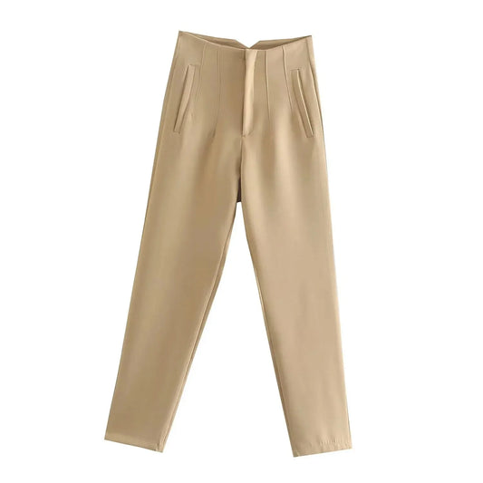 ELEGANT HIGH-WAIST KHAKI PENCIL PANTS