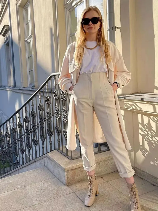 ELEGANT HIGH-WAIST APRICOT PENCIL PANTS