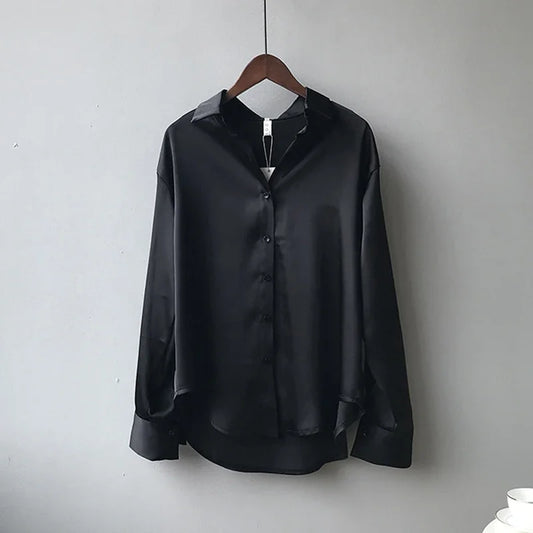 BLACK SATIN LOOSE COLLAR BLOUSE