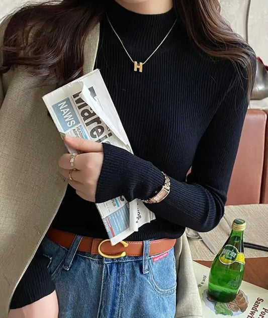 BLACK COTTON BLEND CLASSIC MOCK NECK PULLOVER