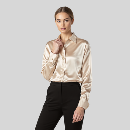 BEIGE SATIN LOOSE COLLAR BLOUSE