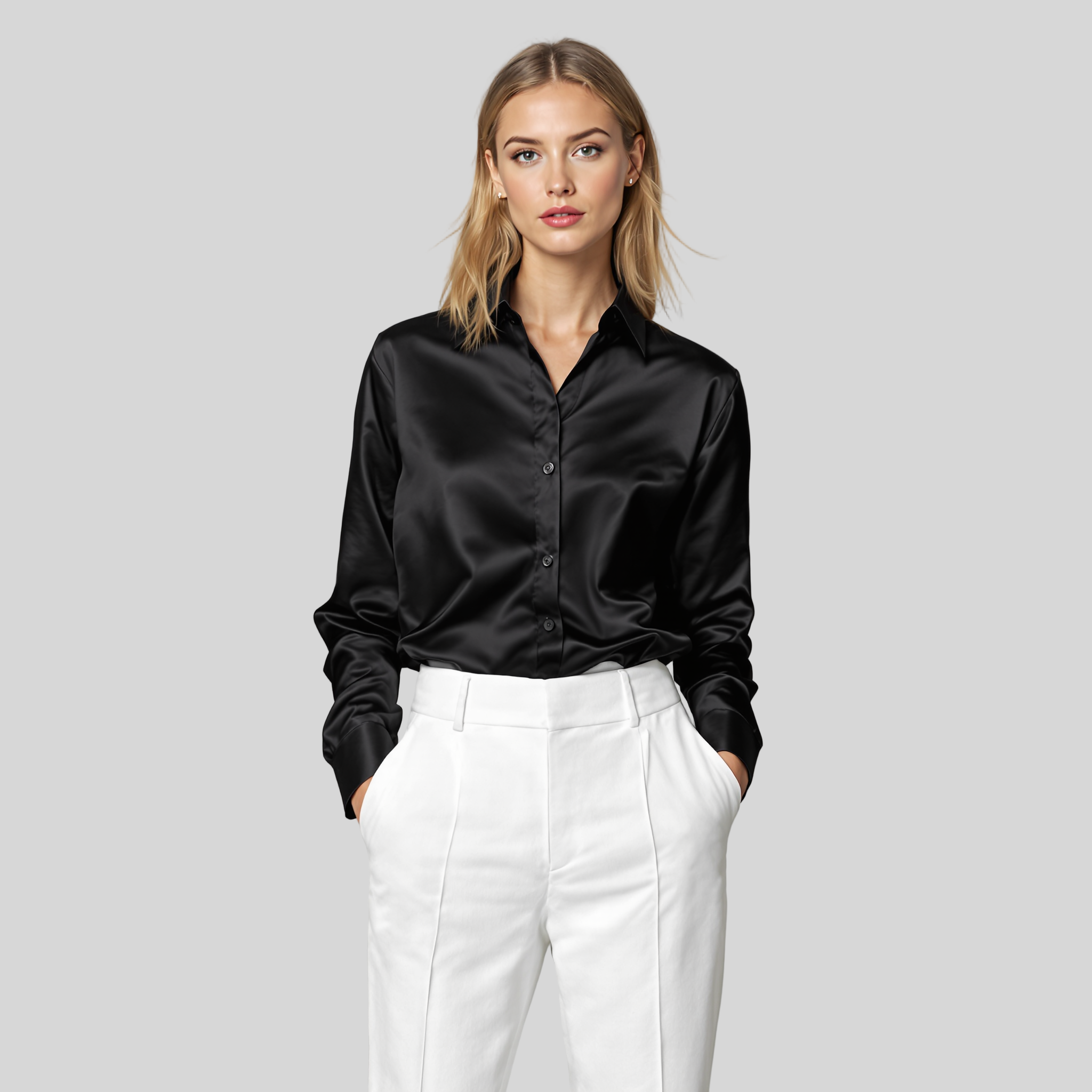 BLACK SATIN LOOSE COLLAR BLOUSE