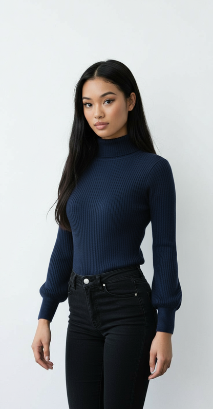 COTTON BLEND NAVY BLUE TURTLENECK SWEATER