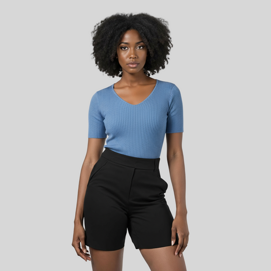 BLUE CASUAL SLIM KNIT V-NECK SHIRT