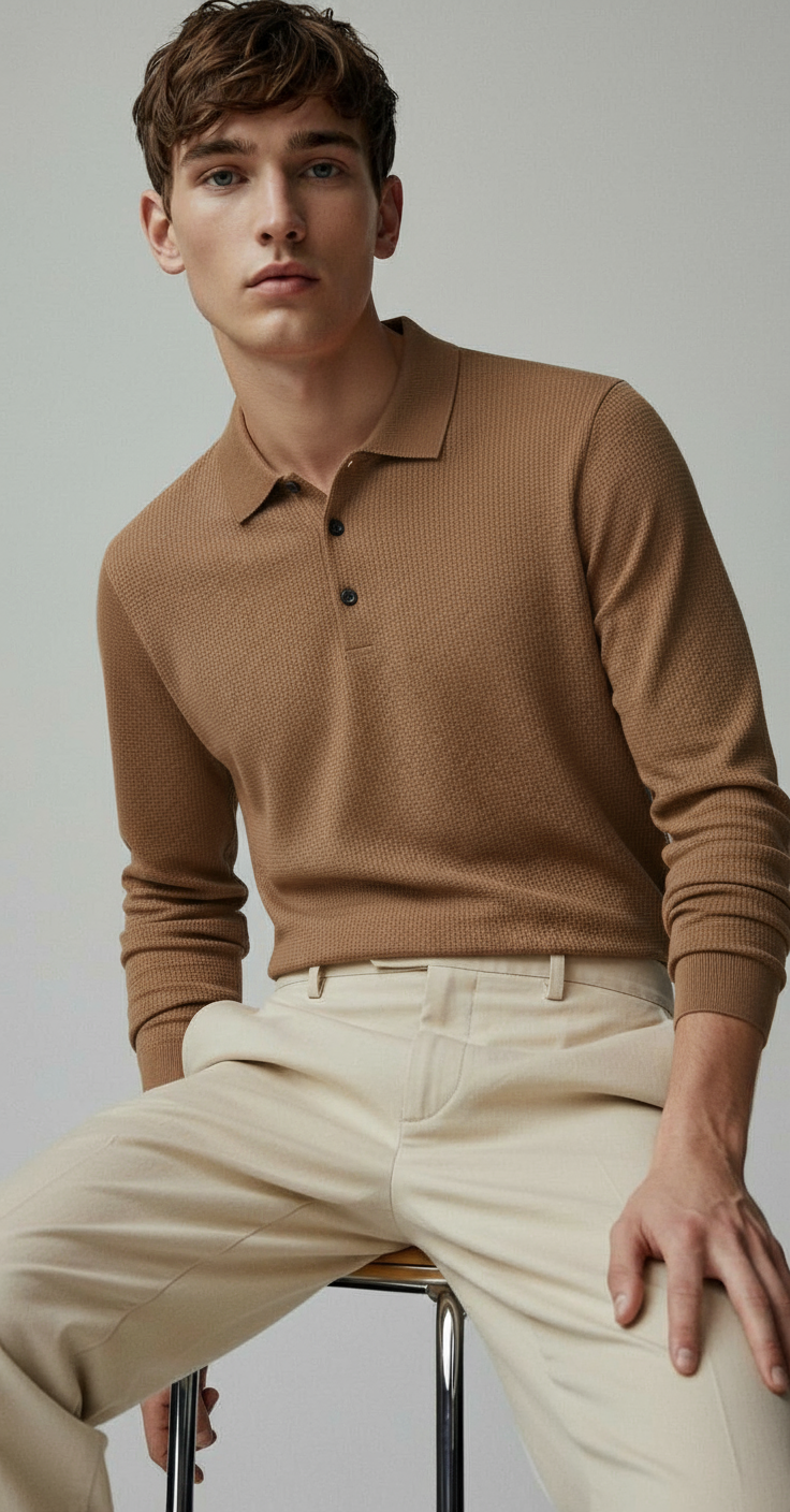 CASUAL LONG-SLEEVE CAMEL POLO