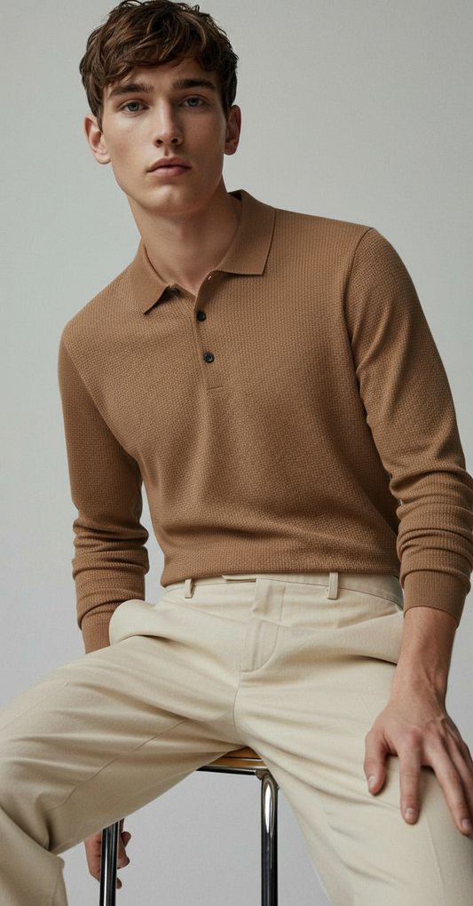 CASUAL LONG-SLEEVE CAMEL POLO
