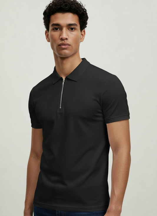 VINTAGE QUARTER ZIP BLACK POLO