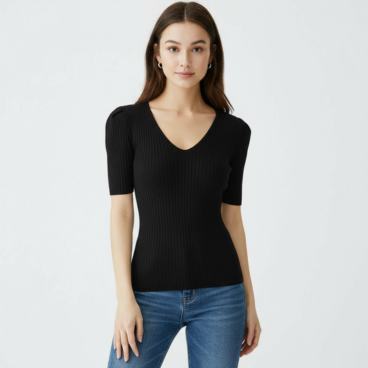 BLACK CASUAL SLIM KNIT V-NECK SHIRT