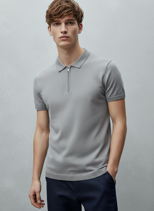 VINTAGE QUARTER ZIP LIGHT GRAY POLO