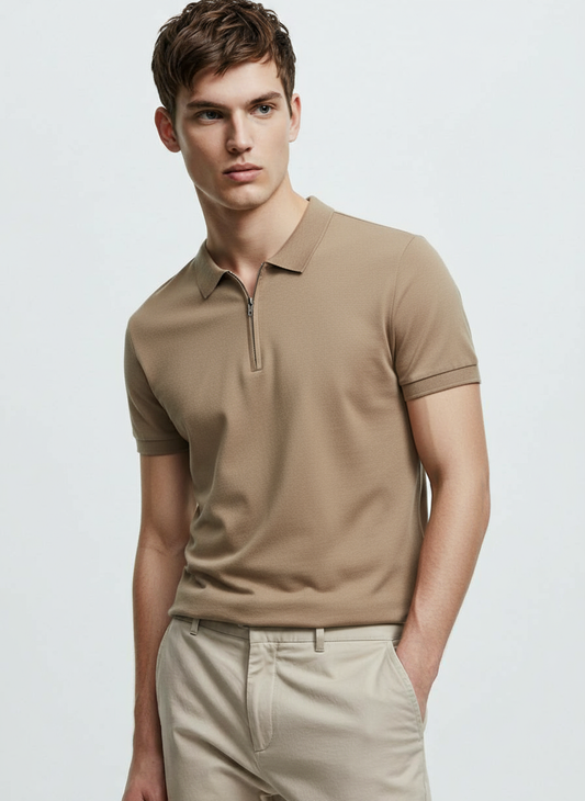VINTAGE QUARTER ZIP KHAKI POLO