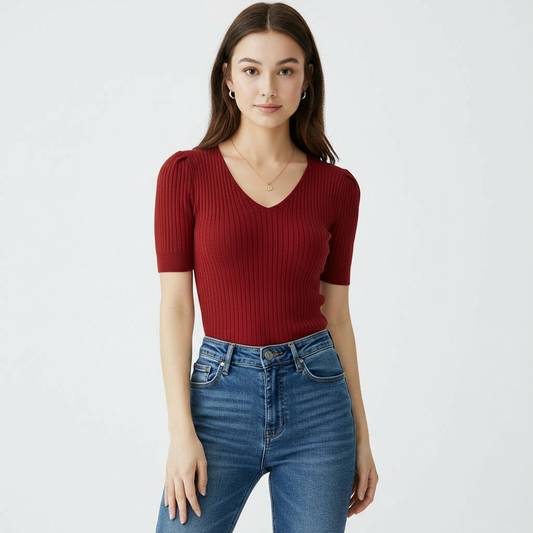 RED CASUAL SLIM KNIT V-NECK SHIRT